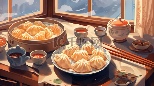 心型餐盘插画图片_餐盘上的饺子插图风格9