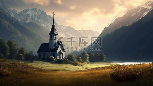 中央主机插画图片_田野中央的教堂，背景是群山