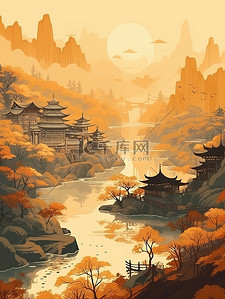 传统水彩画插画图片_传统文化山水树浅黄色插画5