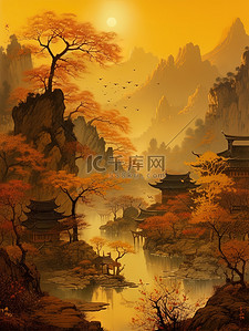 传统文化绘画插画图片_传统文化山水树浅黄色插画2