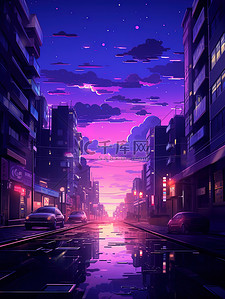 未来主义暗紫光线日落城市插画3