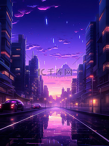 未来主义暗紫光线日落城市插画10