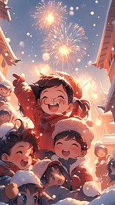 冬天的人物插画图片_新年放烟火热闹喜庆的街市