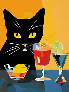 猫与鸡尾酒饮料创意插画16