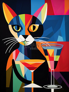 猫与鸡尾酒饮料创意插画5