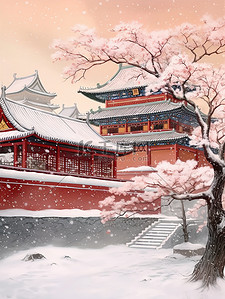 冬天初雪古建筑中国风插画11