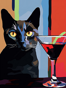 猫与鸡尾酒饮料创意插画17
