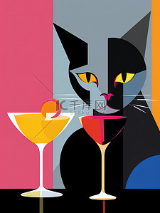 猫与鸡尾酒饮料创意插画1