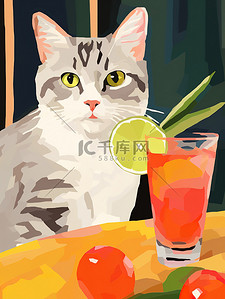 几何拼接插画图片_猫与鸡尾酒饮料创意插画13