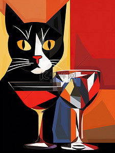 猫与鸡尾酒饮料创意插画18