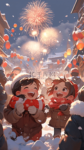 冬天的人物插画图片_新年放烟火热闹喜庆的街市场景