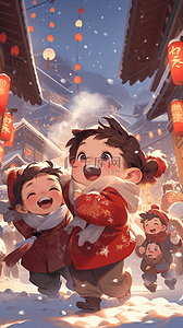 冬天的人物插画图片_新年放烟火喜庆的街市场景插画