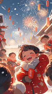 冬天的人物插画图片_新年放烟火热闹的街市场景插画