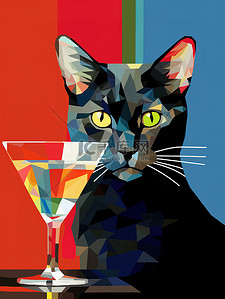 猫与鸡尾酒饮料创意插画14