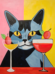 猫与鸡尾酒饮料创意插画12