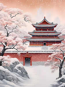 冬天初雪古建筑中国风插画2