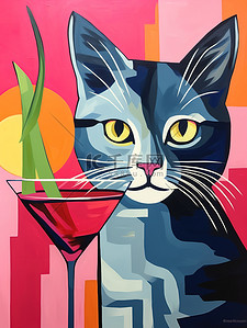 猫与鸡尾酒饮料创意插画6