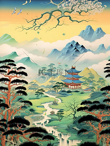 山脉水墨风插画图片_东方美学梦幻山水中国风插画20