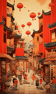 中式新年复古街景插画
