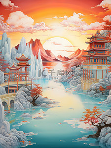 平静的江水插画图片_中国建筑平静的水山景诗意淡青色和红色6