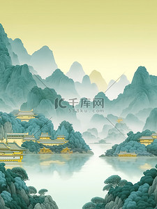 淡青色插画图片_金色的中国建筑淡青色山水插画10