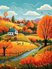 儿童插画乡村的秋天生动的色彩8