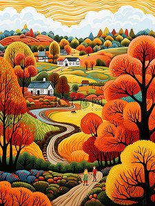 儿童插画乡村的秋天生动的色彩1