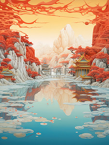 中国建筑平静的水山景诗意淡青色和红色16
