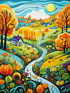 儿童插画乡村的秋天生动的色彩12