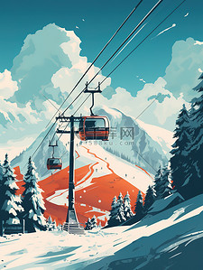 滑雪插画图片_缆车翻山雪山滑雪卡通插画4