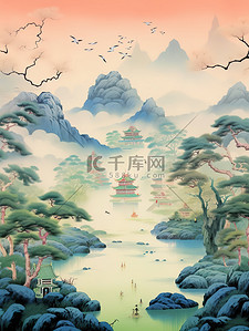 东方美学梦幻山水中国风插画17