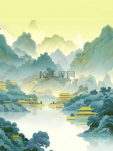 淡青色插画图片_金色的中国建筑淡青色山水插画13
