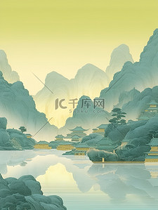 金色的中国建筑淡青色山水插画6