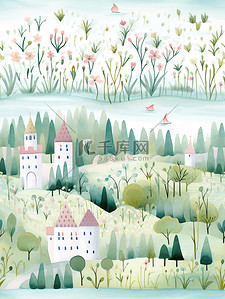 树林城堡涂鸦水彩纹理插画16