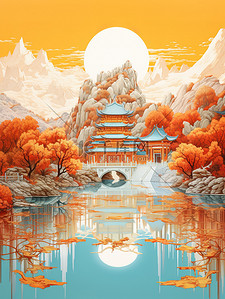 红色数字8插画图片_中国建筑平静的水山景诗意淡青色和红色8