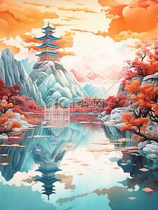 淡青色插画图片_中国建筑平静的水山景诗意淡青色和红色19