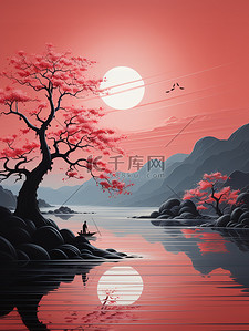 极简红色插画图片_梦境月夜大树河流极简插画11