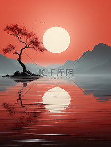 梦境月夜大树河流极简插画19