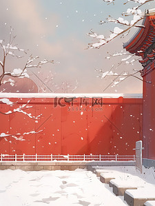 东方玉兰插画图片_白雪皑皑红墙白瓦东方美学4