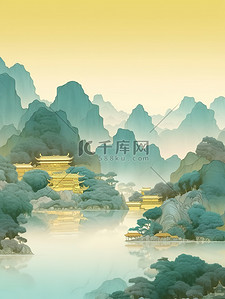 14k金色插画图片_金色的中国建筑淡青色山水插画14