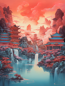 中国建筑平静的水山景诗意淡青色和红色12