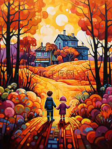 生动的排版插画图片_儿童插画乡村的秋天生动的色彩16