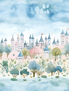 树林城堡涂鸦水彩纹理插画11