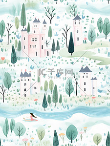 树林城堡涂鸦水彩纹理插画2