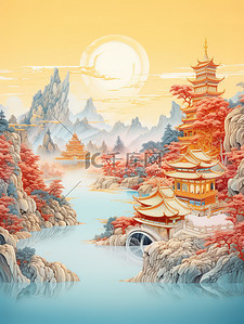 中国建筑平静的水山景诗意淡青色和红色10
