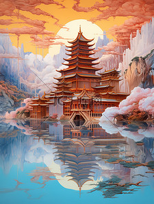 中国建筑平静的水山景诗意淡青色和红色7