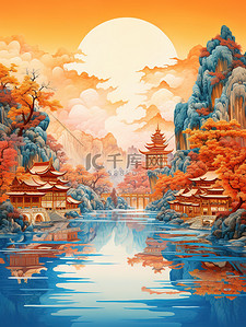 数字红色插画图片_中国建筑平静的水山景诗意淡青色和红色1