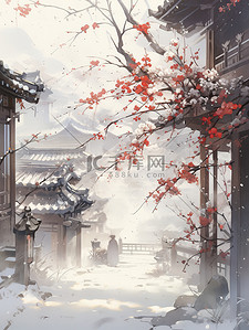 冬天梅花开了插画图片_冬天下雪庭院红梅开了18