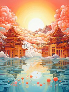 淡青色插画图片_中国建筑平静的水山景诗意淡青色和红色20