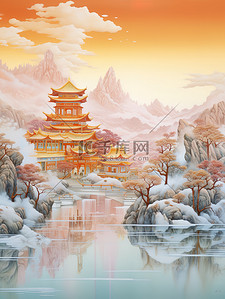 中国建筑平静的水山景诗意淡青色和红色2